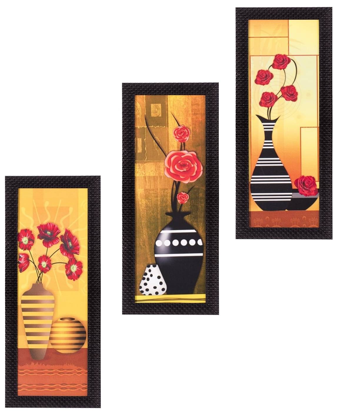     			eCraftIndia Set of 3 Yellow & Pink Decorative Floral Botanical Pot Satin Matt Texture UV Wall Art
