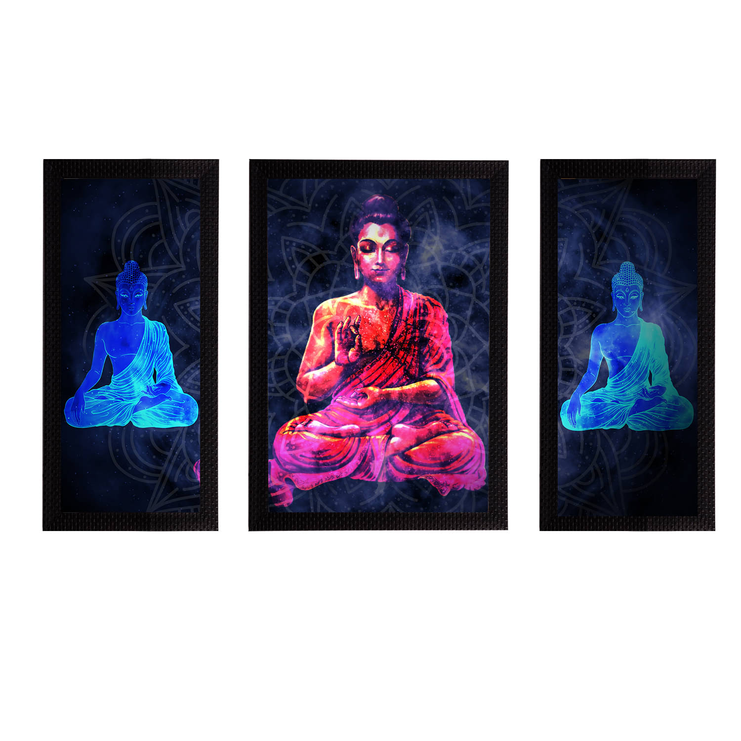 eCraftIndia Set of 3 Blue & Pink Meditating Lord Buddha Satin Matt Textured UV Wall Paintings     			eCraftIndia Set of 3 Blue & Pink Meditating Lord Buddha Satin Matt Textured UV Wall Paintings