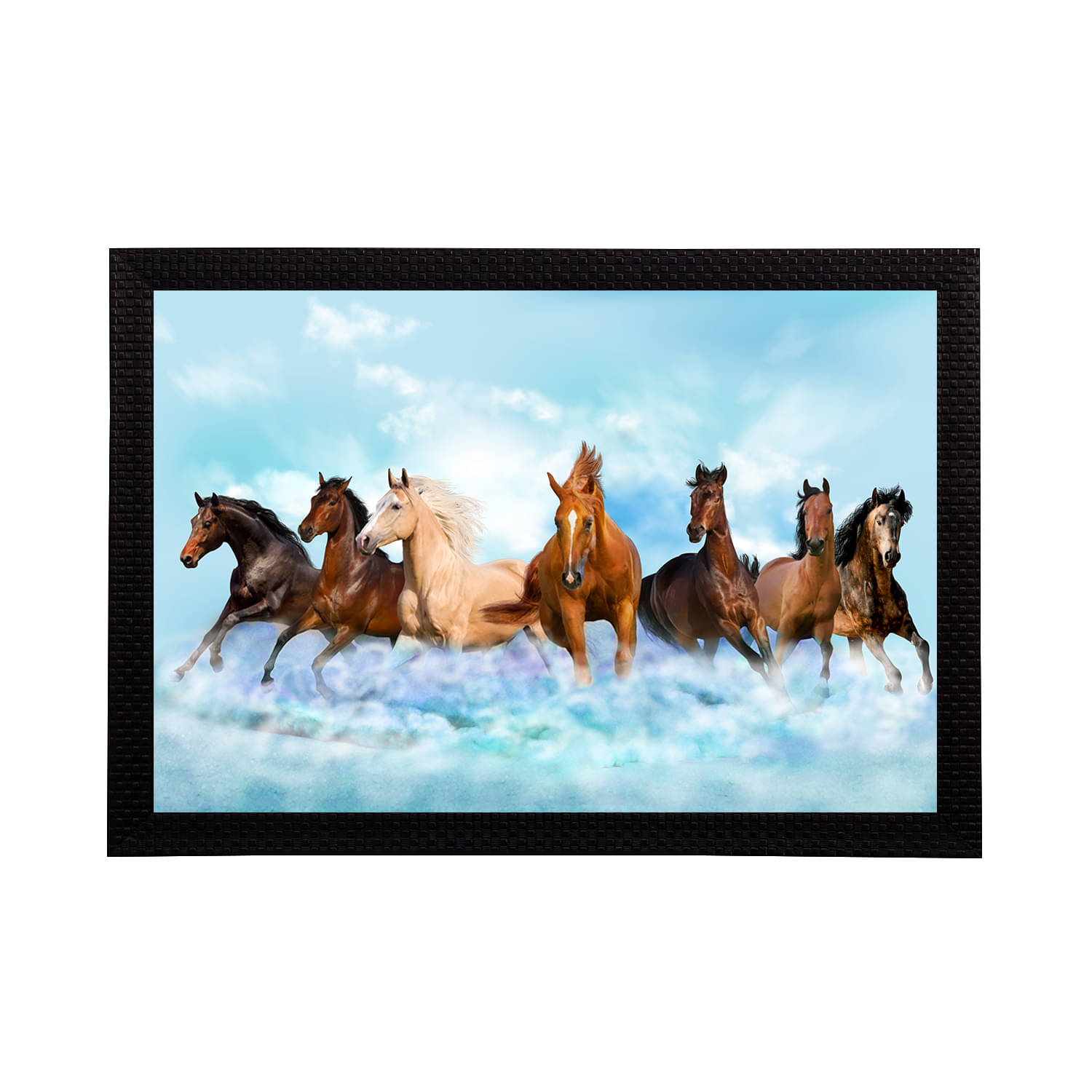     			eCraftIndia Blue & Brown 7 Lucky Running Horses Satin Matt Textured UV Wall Painting