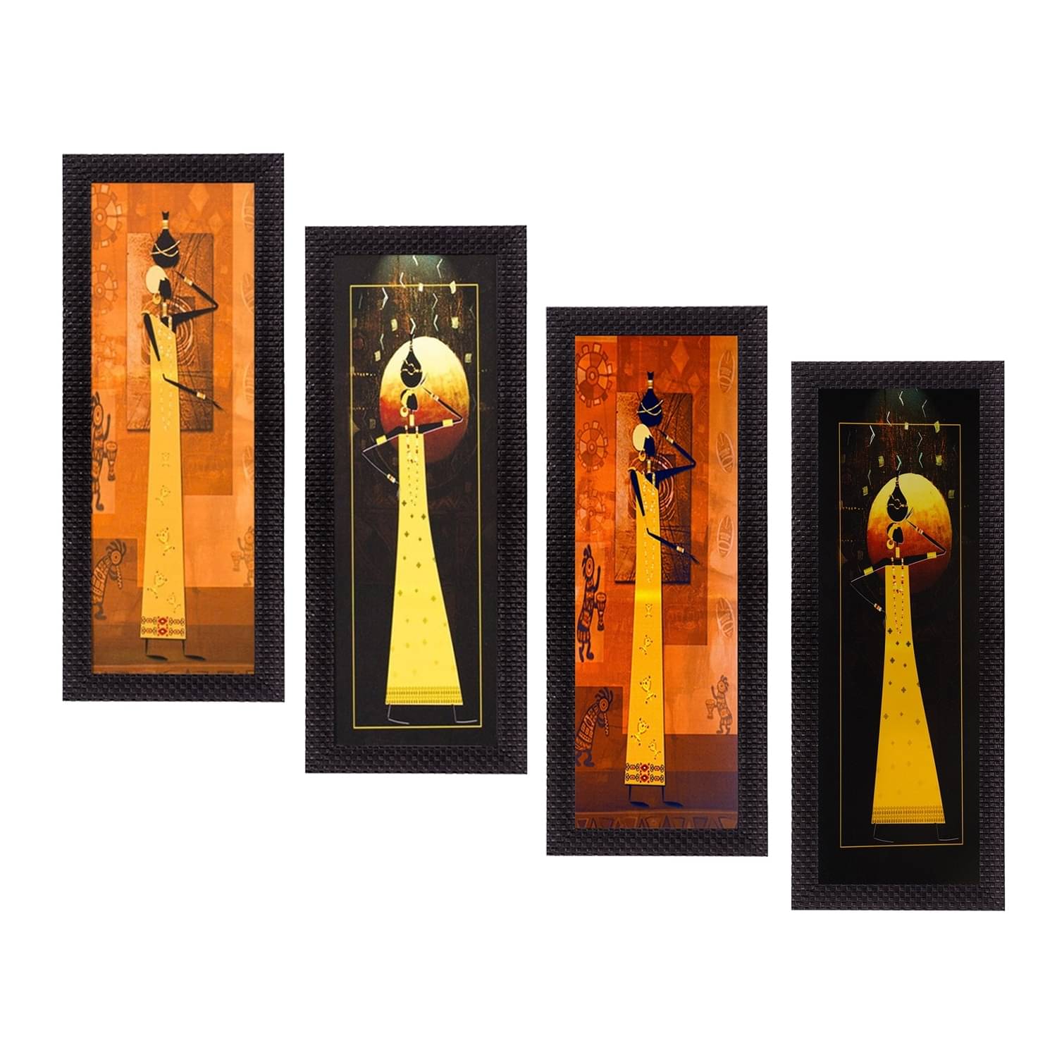     			eCraftIndia Set of 4 Brown & Orange Tribal Women Satin Matt Texture UV Wall Art