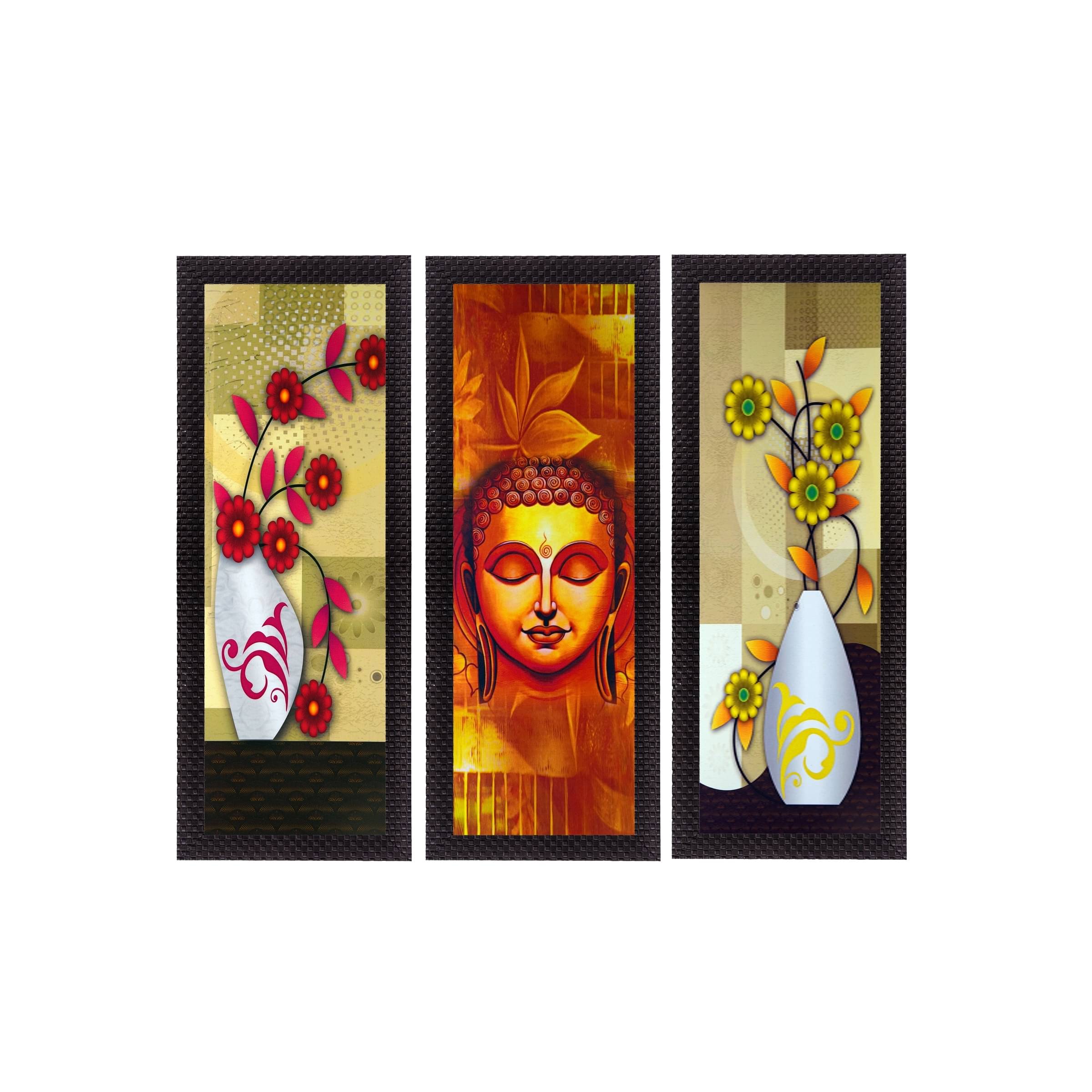     			eCraftIndia Set of 3 Orange & Yellow Lord Buddha and Botanical Floral Satin Matt Texture UV Wall Art