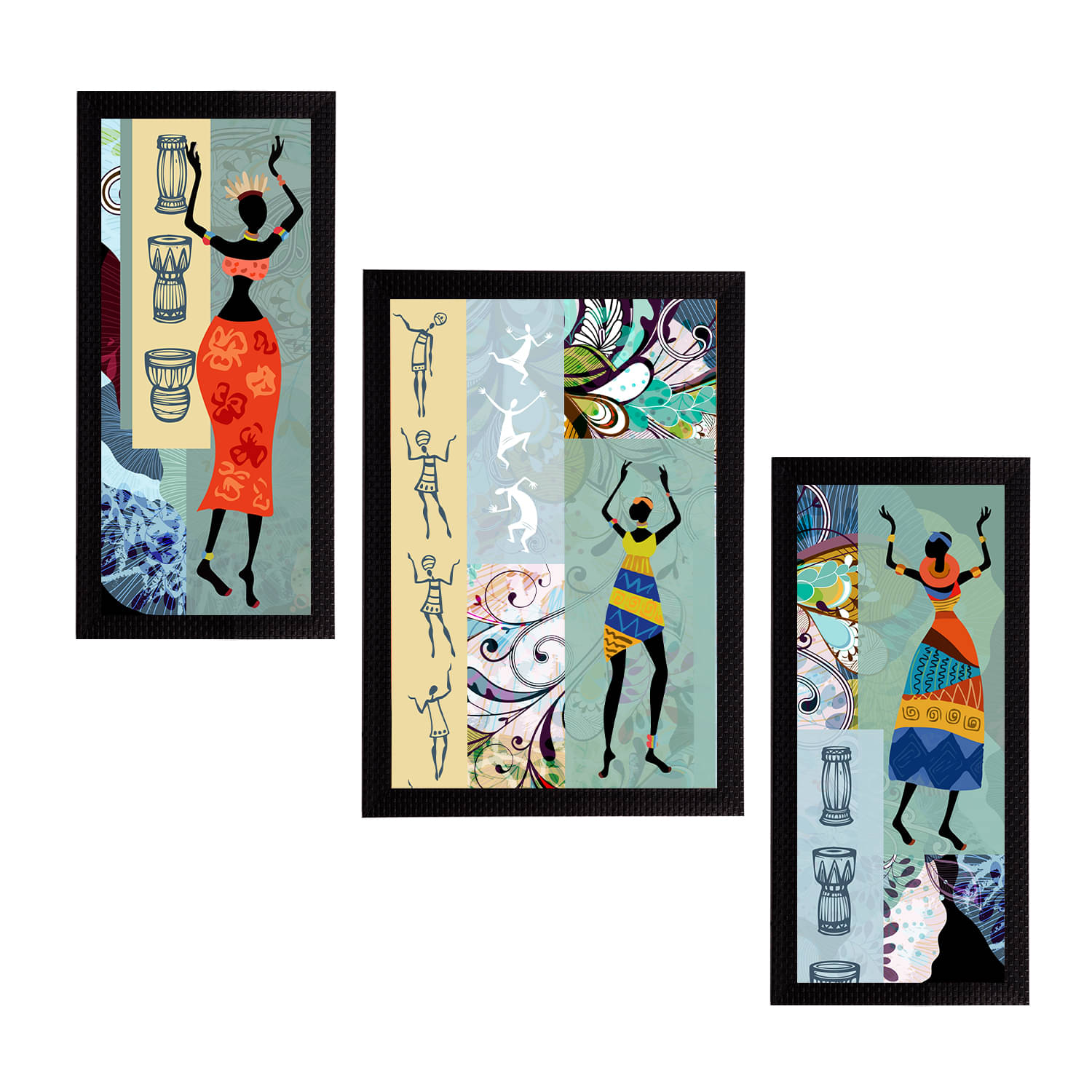     			eCraftIndia Set of 3 Green & Orange Tribal Theme Satin Matt Textured UV Wall Paintings