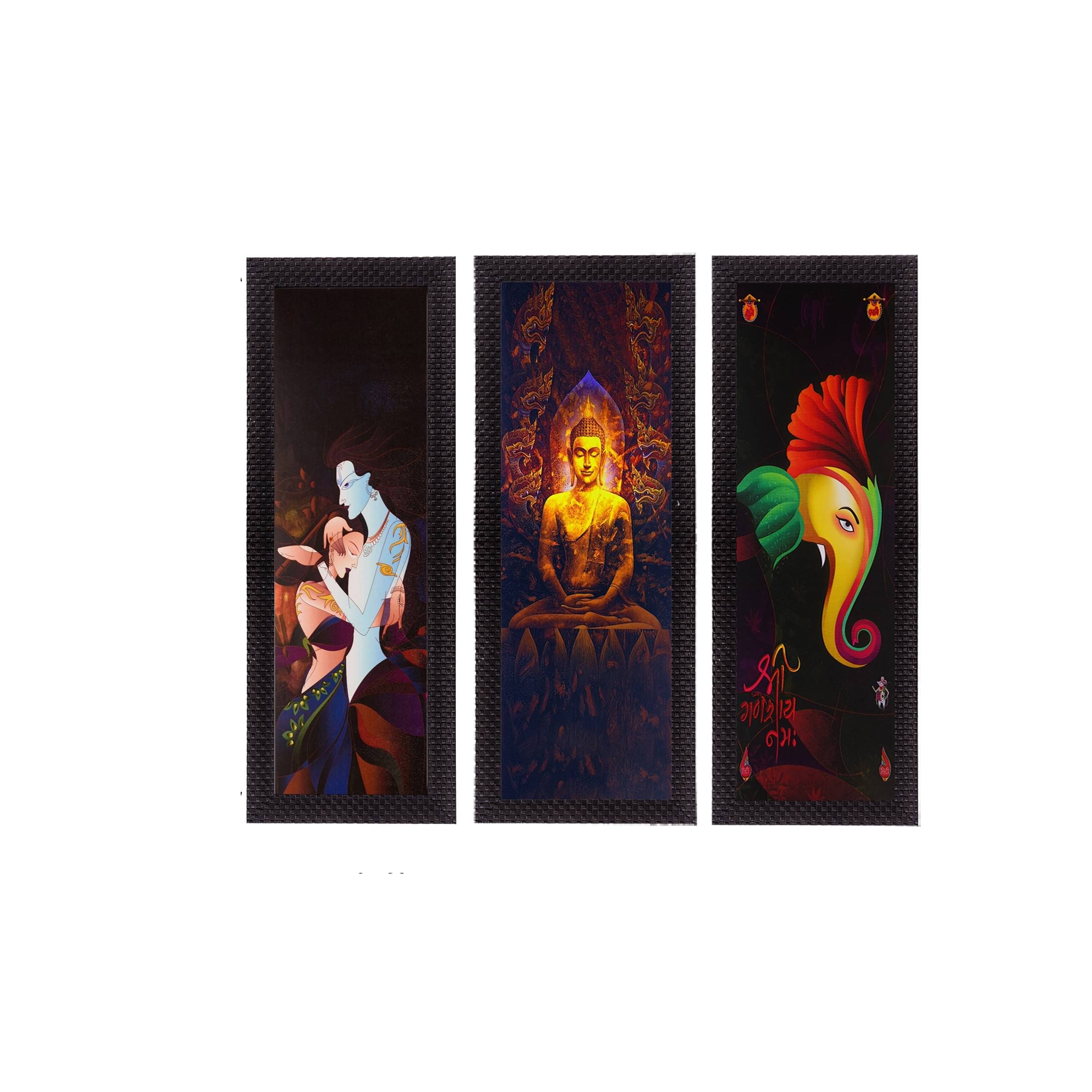     			eCraftIndia Set of 3 Yellow Radha Krishna Ganesha Buddha Satin Matt Texture UV Wall Art