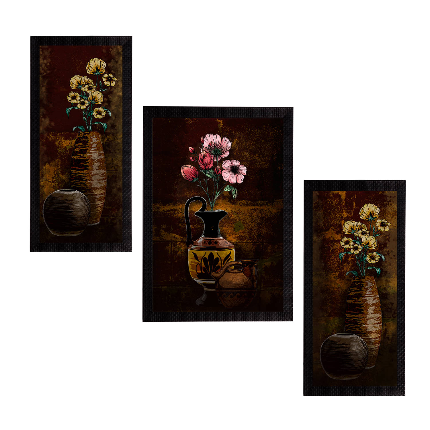     			eCraftIndia Set of 3 Brown & Pink Botanical and Floral Satin Matt Textured UV Art Painting