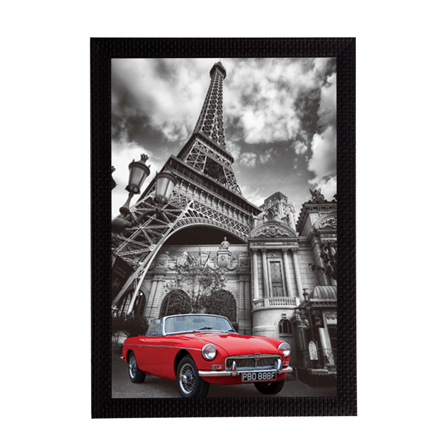     			eCraftIndia Red Car Underneath Eiffel Tower Satin Matt Texture UV Art Painting