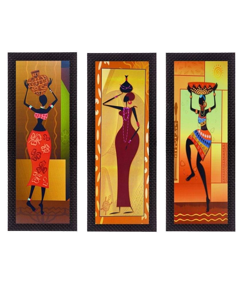 eCraftIndia Maroon & Orange 3 Pieces Tribal Ladies Satin Matt Texture UV Wall Art eCraftIndia Maroon & Orange 3 Pieces Tribal Ladies Satin Matt Texture UV Wall Art