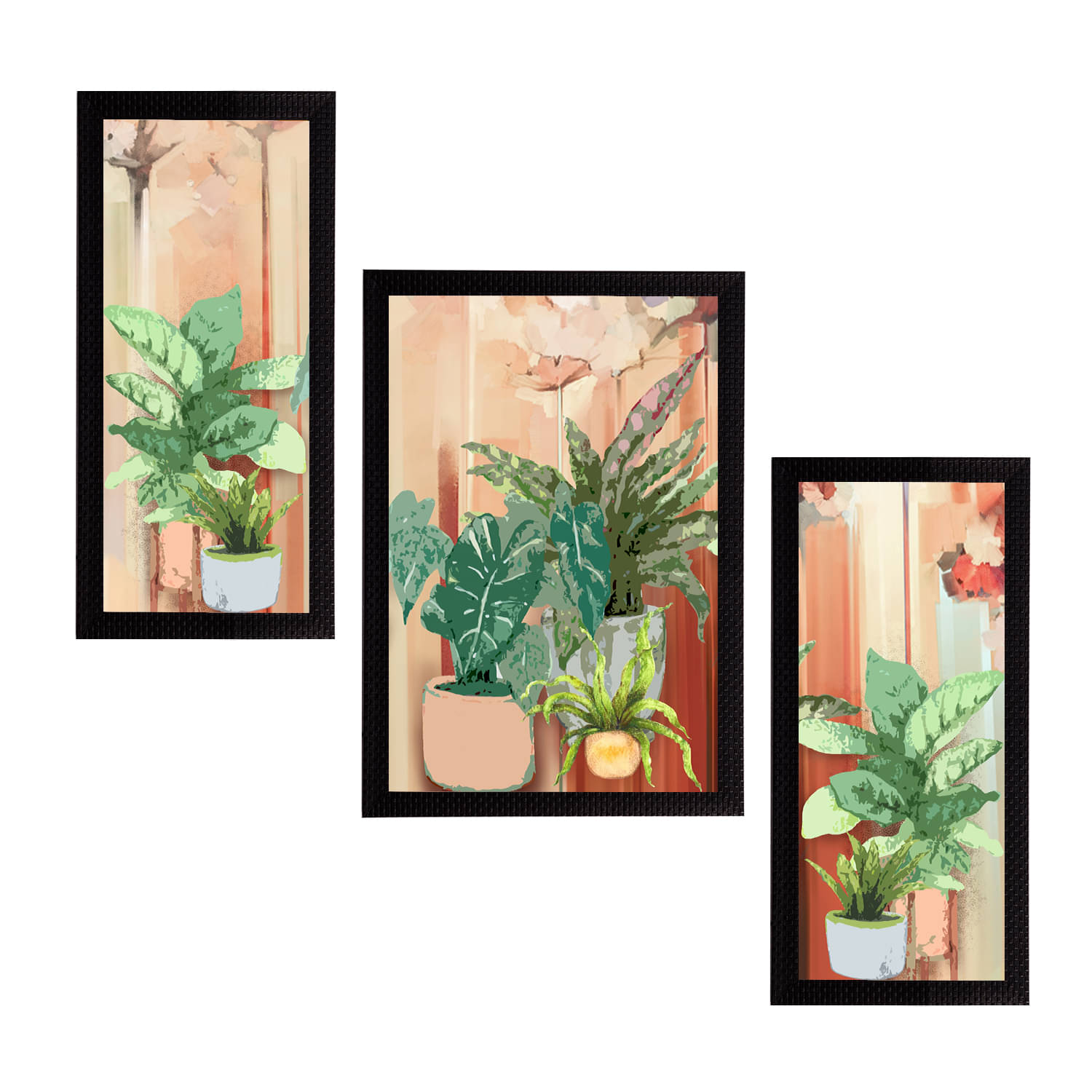     			eCraftIndia Set of 3 Beige & Green Botanical & Floral Satin Matt Textured UV Wall Paintings