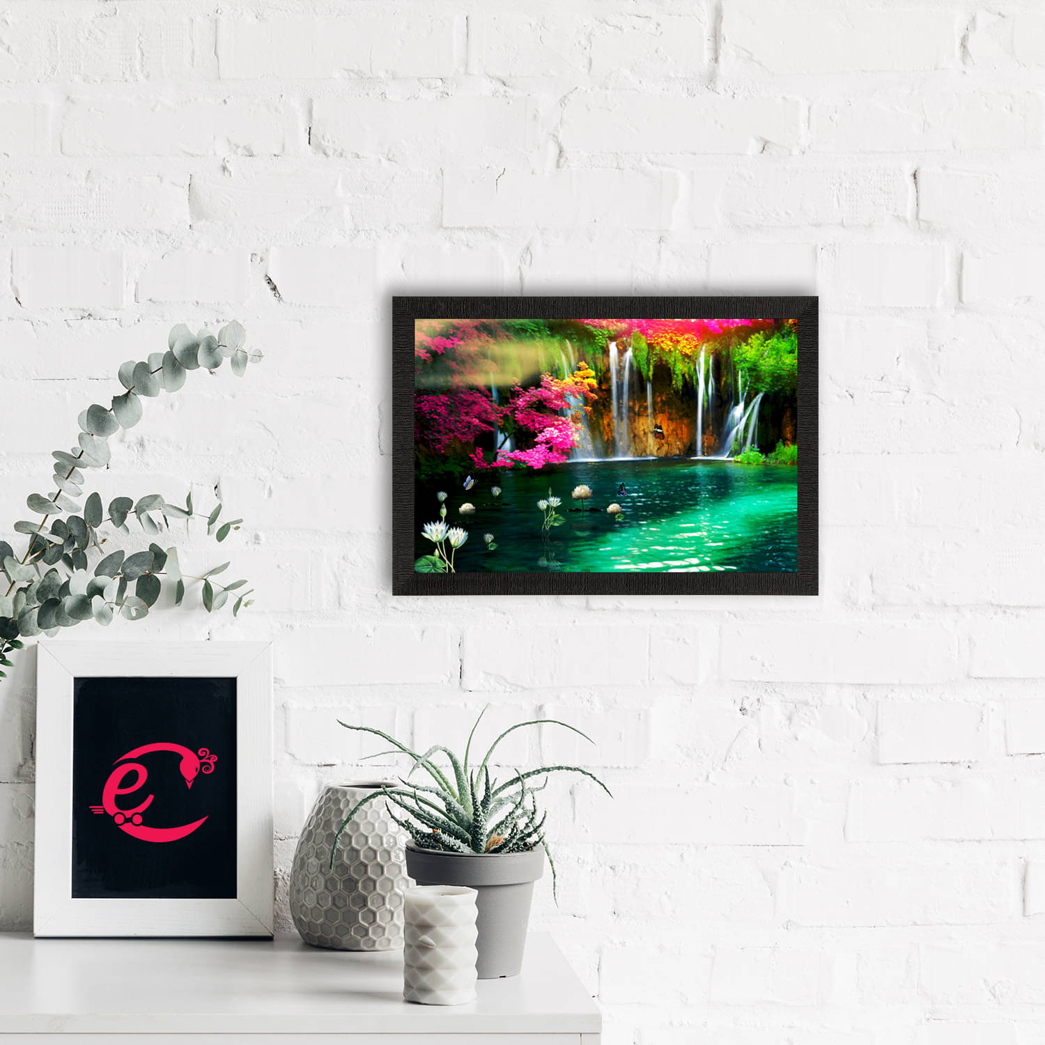     			eCraftIndia Green & Pink Waterfall View Satin Matte Texture UV Wall Painting