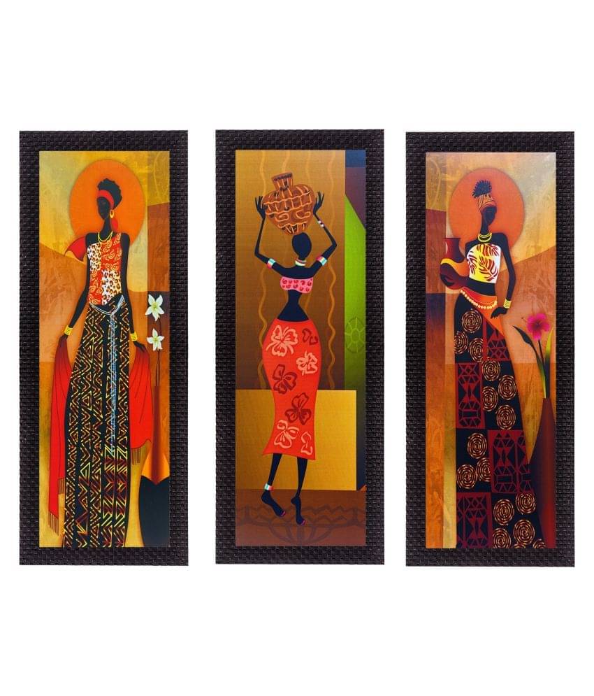 eCraftIndia Set of 3 Orange & Black Tribal Lady Moments Satin Matt Texture UV Wall Art eCraftIndia Set of 3 Orange & Black Tribal Lady Moments Satin Matt Texture UV Wall Art