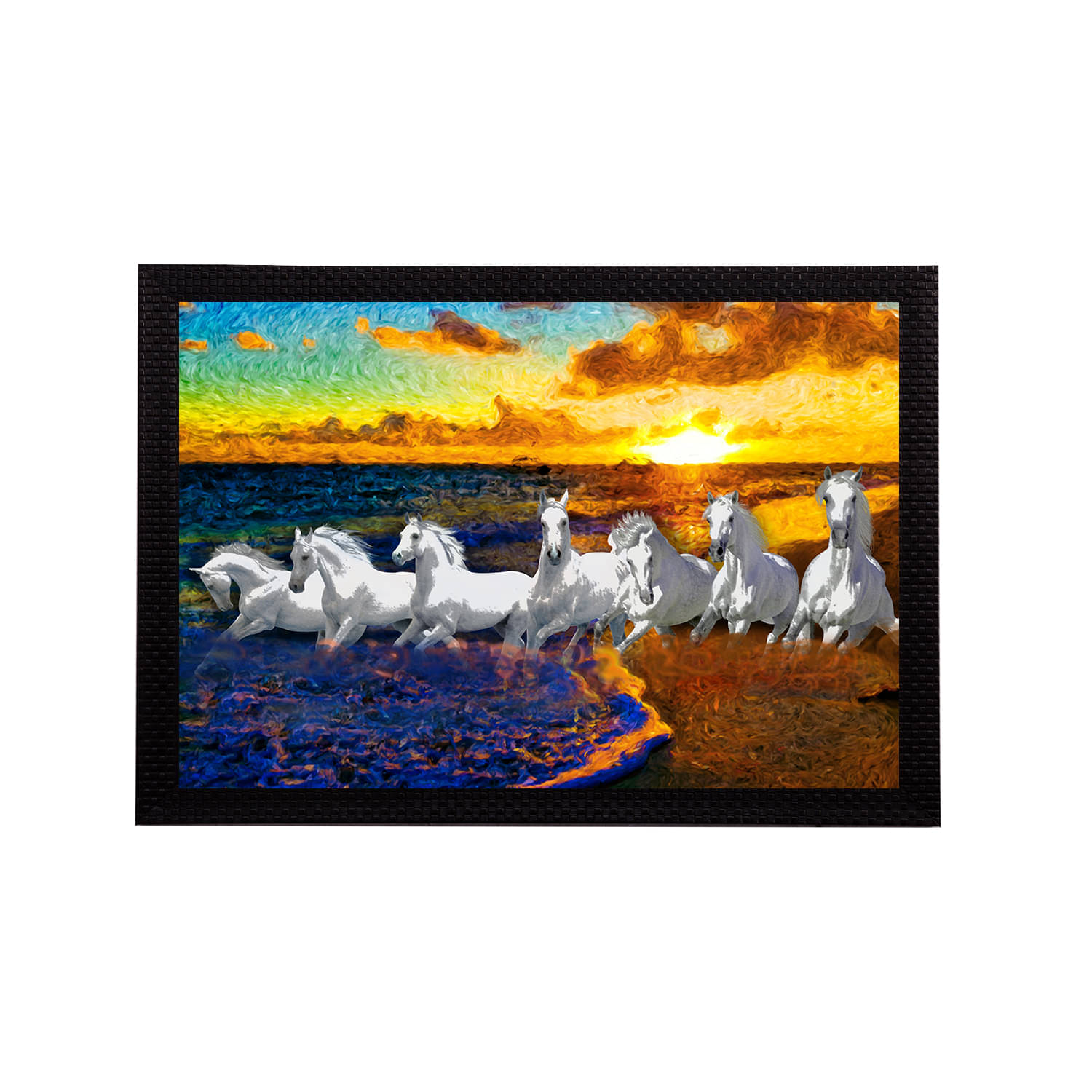     			eCraftIndia White & Blue 7 Lucky Running Horses Satin Matt Textured UV Wall Painting