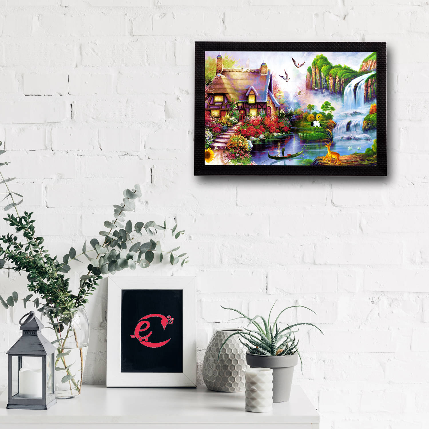     			eCraftIndia Set of 5 Multicoloured Village Scenic View UV Wall Art