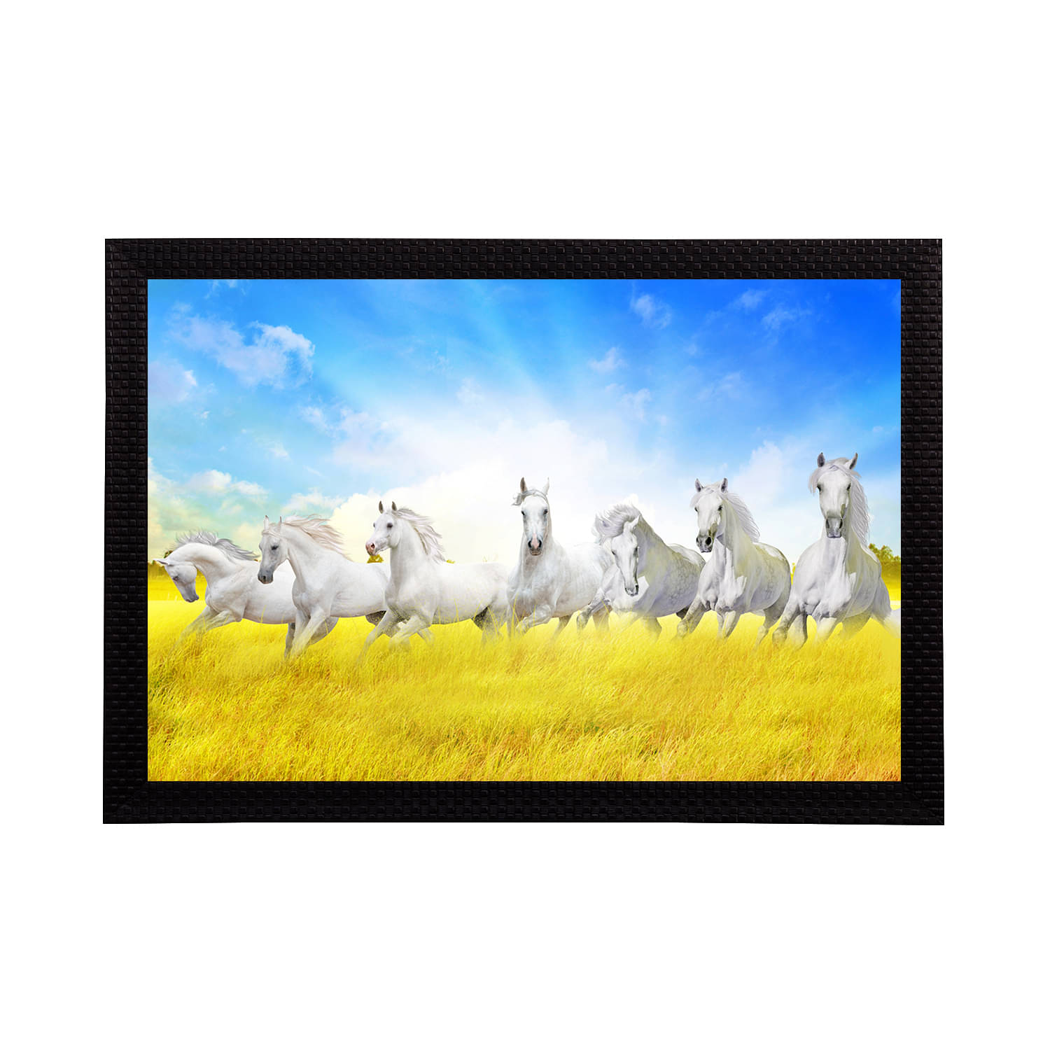     			eCraftIndia Blue & White 7 Lucky Running Horses Satin Matt Textured UV Wall Art