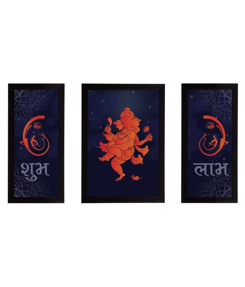     			eCraftIndia Set of 3 Navy Blue & Orange Lord Ganesha Satin Matt Textured UV Wall Arts