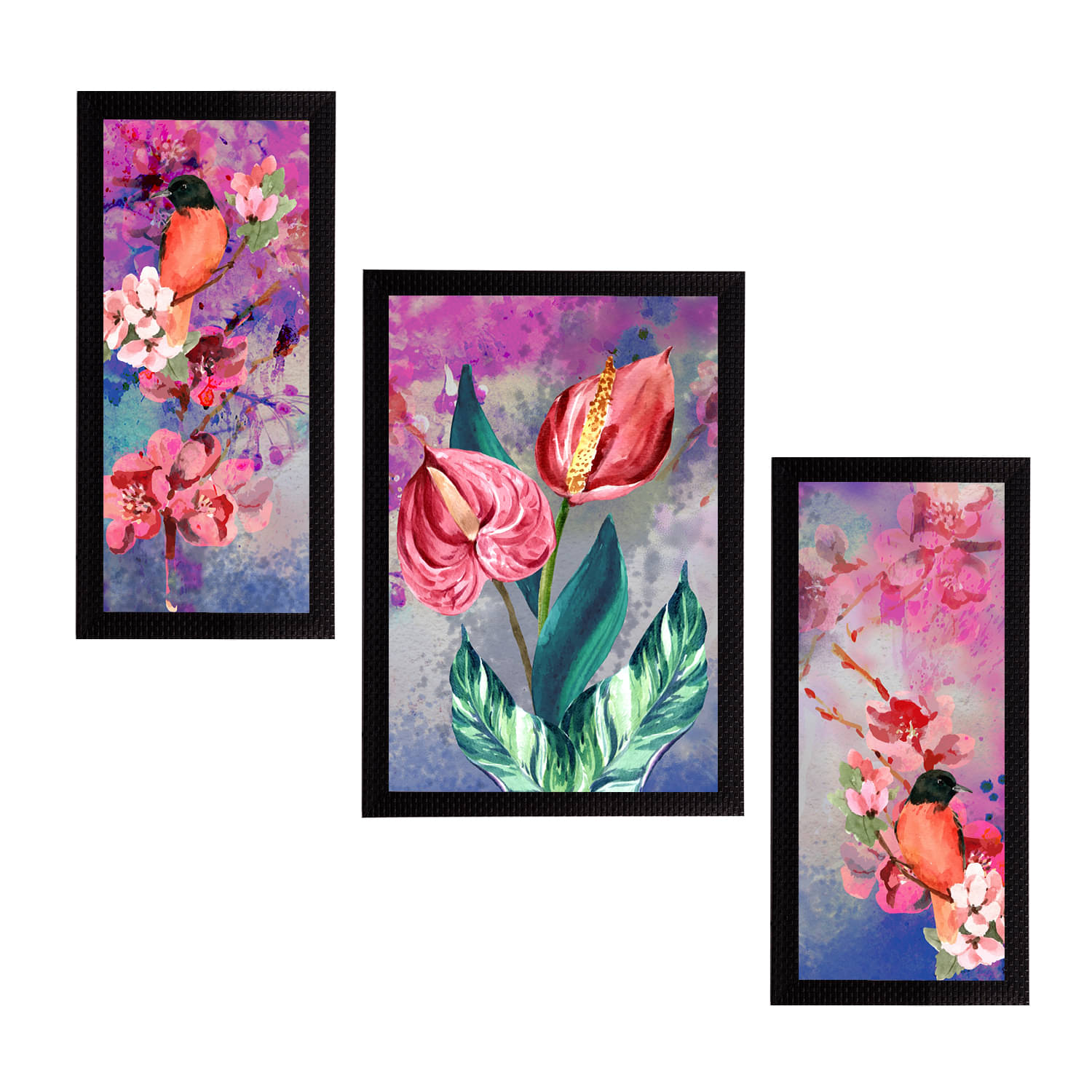     			eCraftIndia Set of 3 Multicoloured Satin Matt Texture Floral UV Wall Art