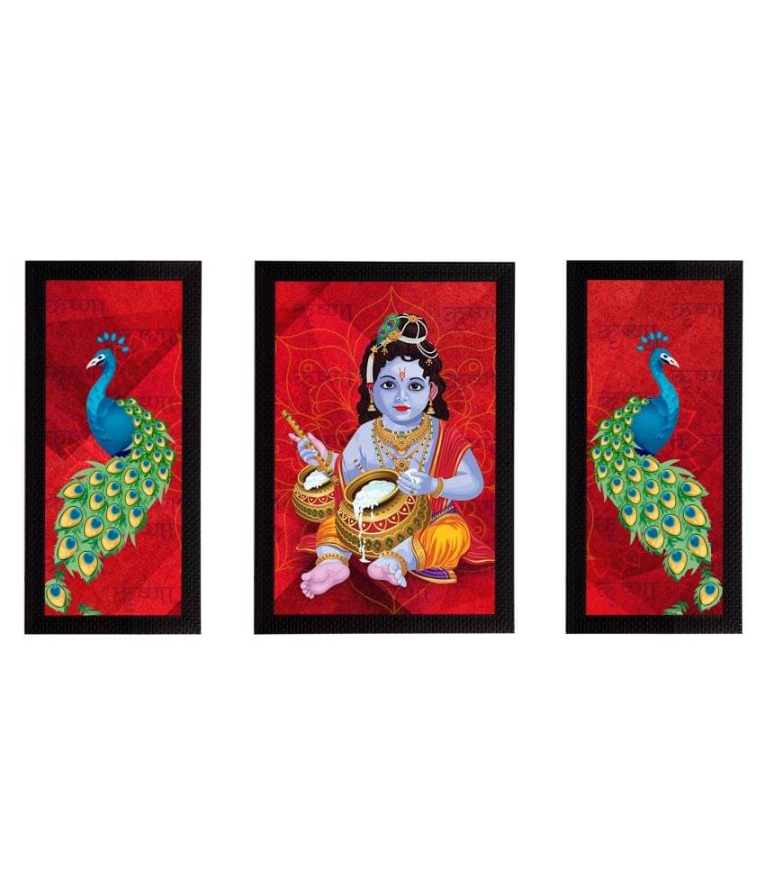     			eCraftIndia Set of 3 Lord Krishna Satin Matt Texture UV Art Painting