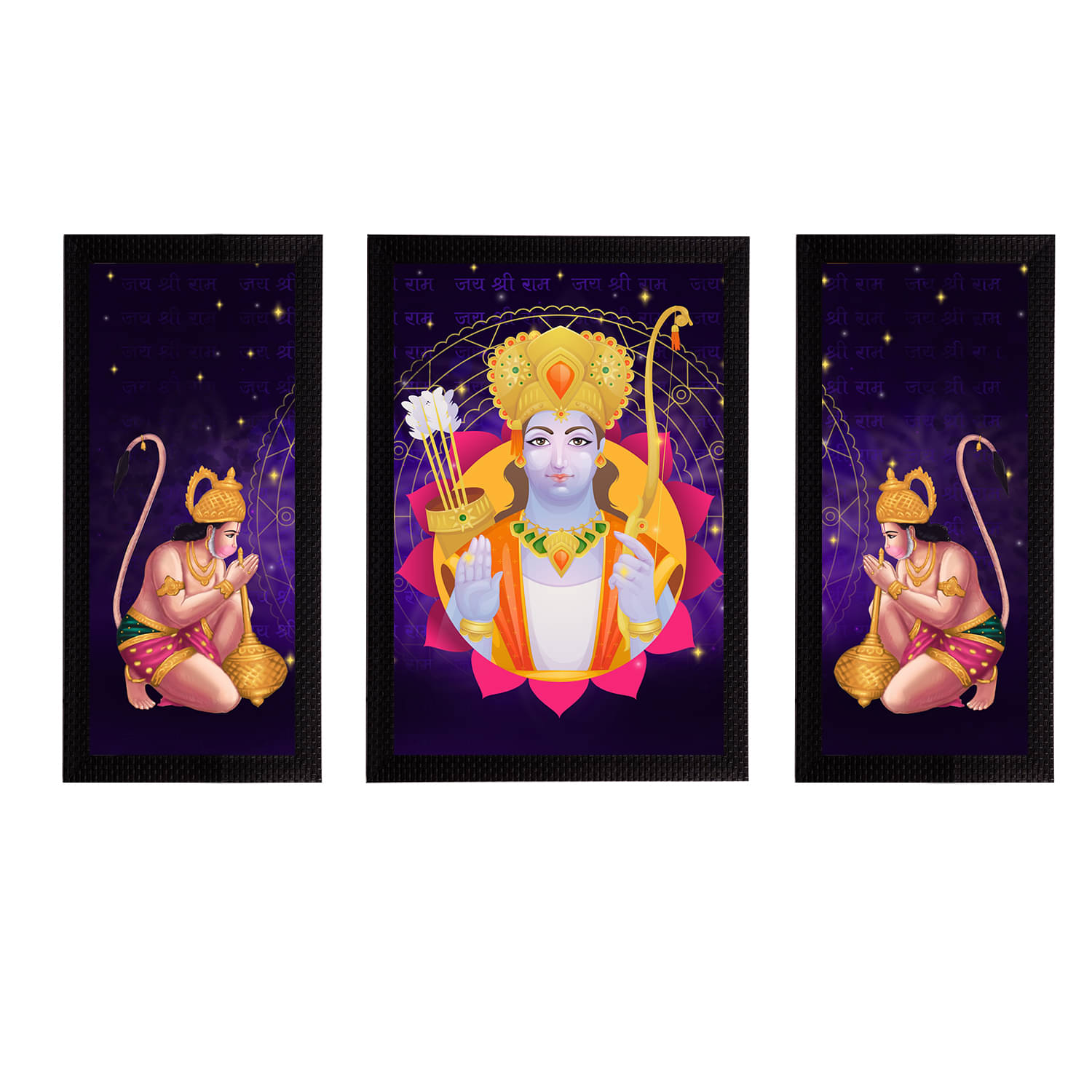     			eCraftIndia Set of 3 Purple & Yellow Lord Ram Satin Matt Textured UV Art Paintings