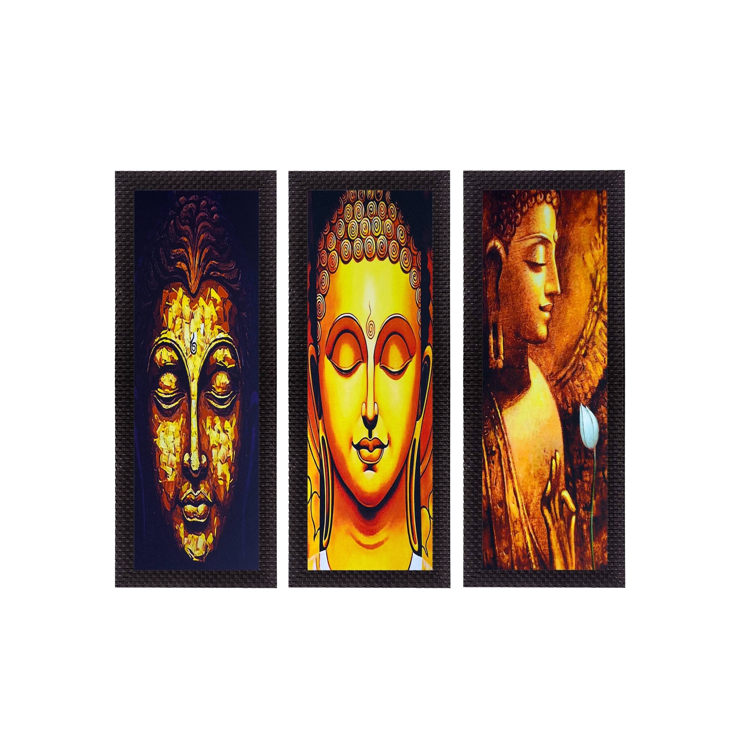     			eCraftIndia Set of 3 Gold-Toned & Yellow Lord Buddha Satin Matt Texture UV Wall Art