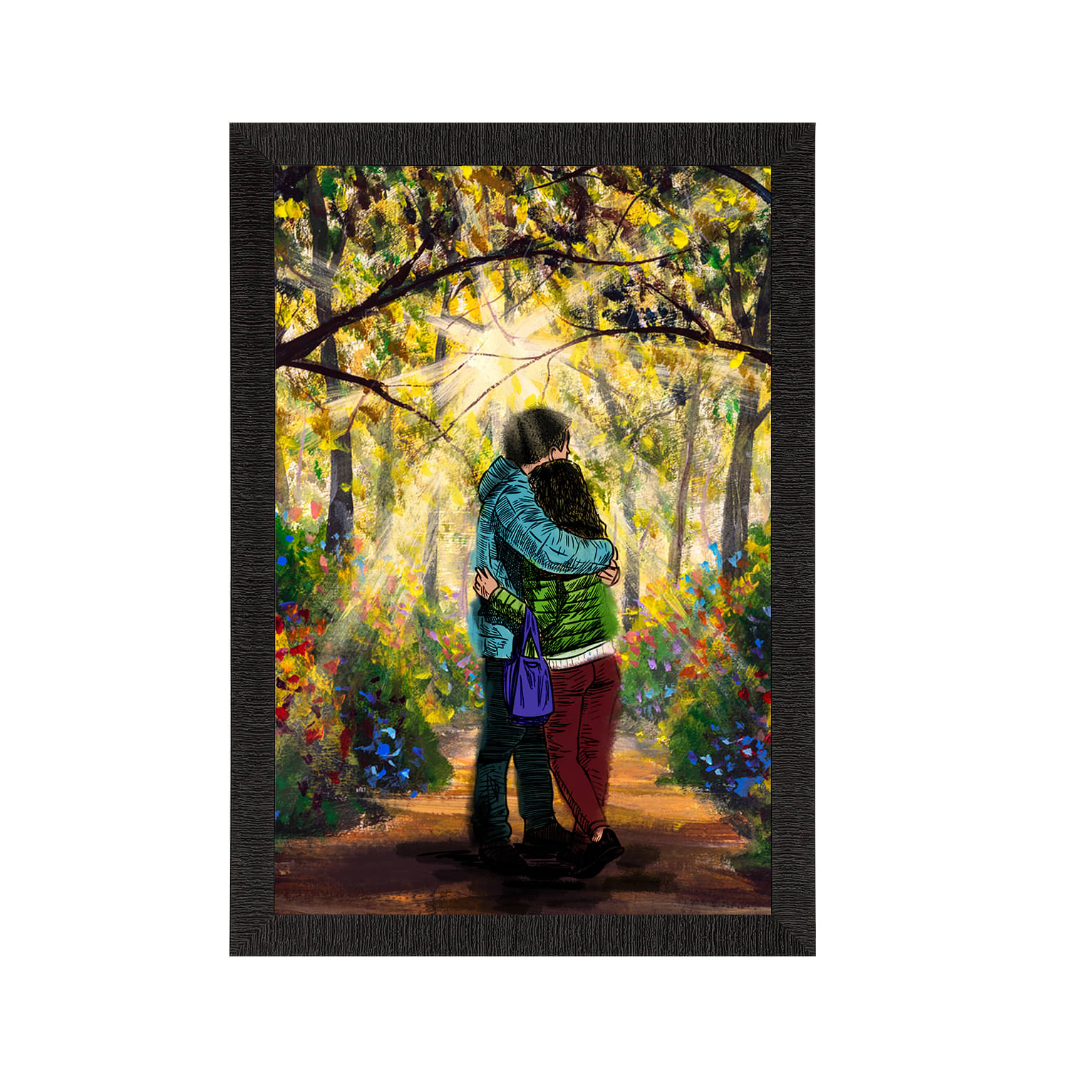     			eCraftIndia Yellow & Blue Romantic Couple Hugging each Other Satin Matt Texture UV Art Painting