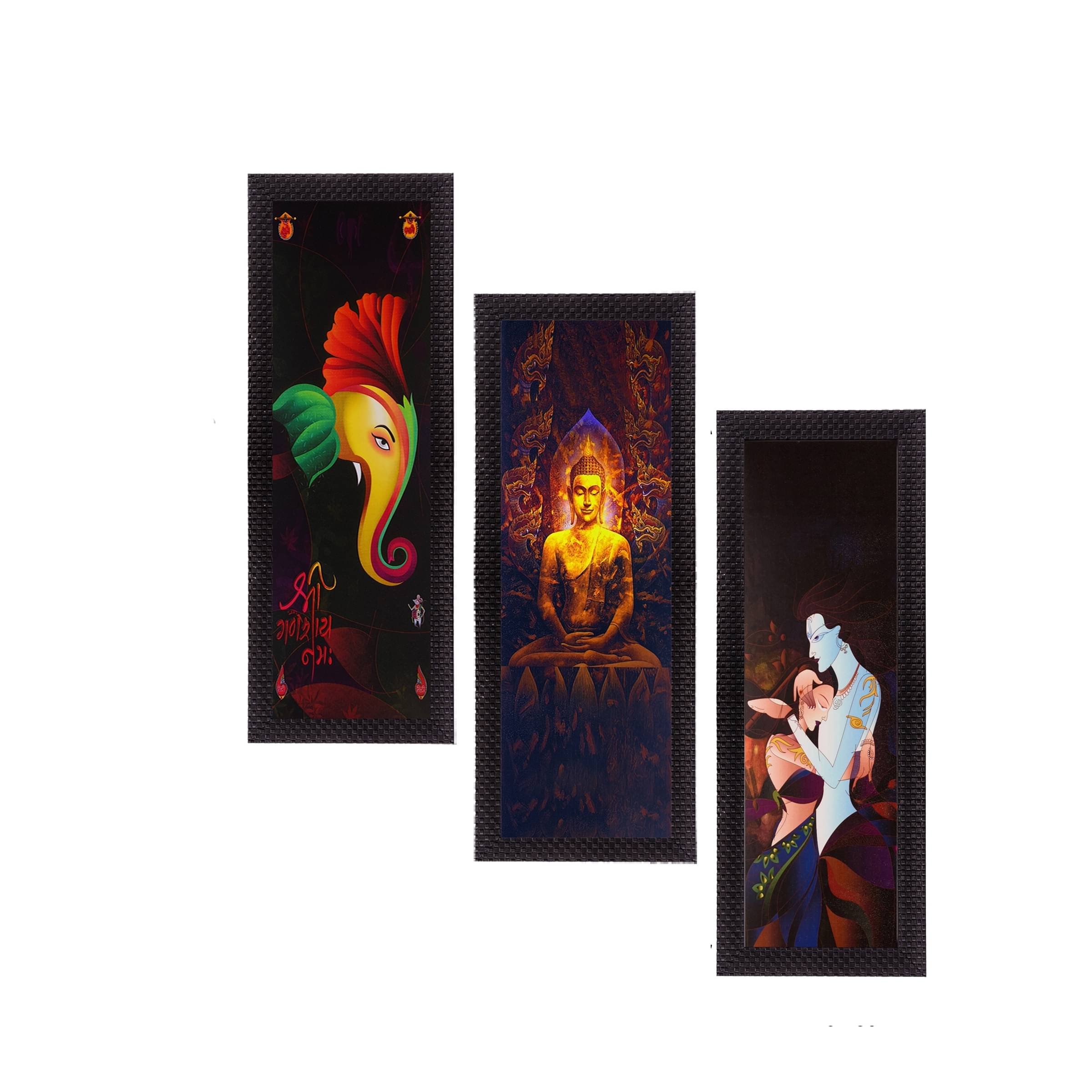 eCraftIndia Set of 3 Black & Yellow Radha Krishna Ganesha Buddha Printed Satin Matt Texture UV Wall Art eCraftIndia Set of 3 Black & Yellow Radha Krishna Ganesha Buddha Printed Satin Matt Texture UV Wall Art