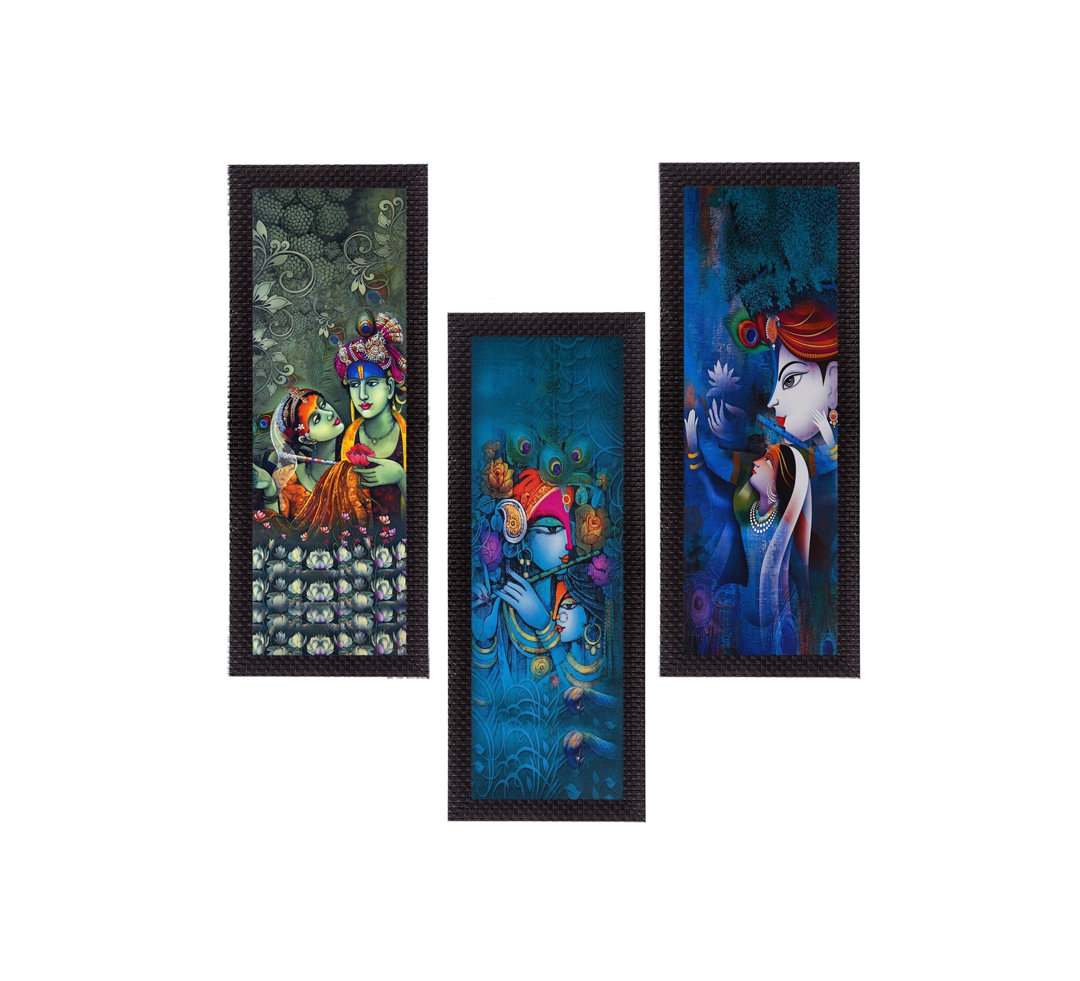     			eCraftIndia Set of 3 Blue & Green Radha Krishna Satin Matt Texture UV Wall Art