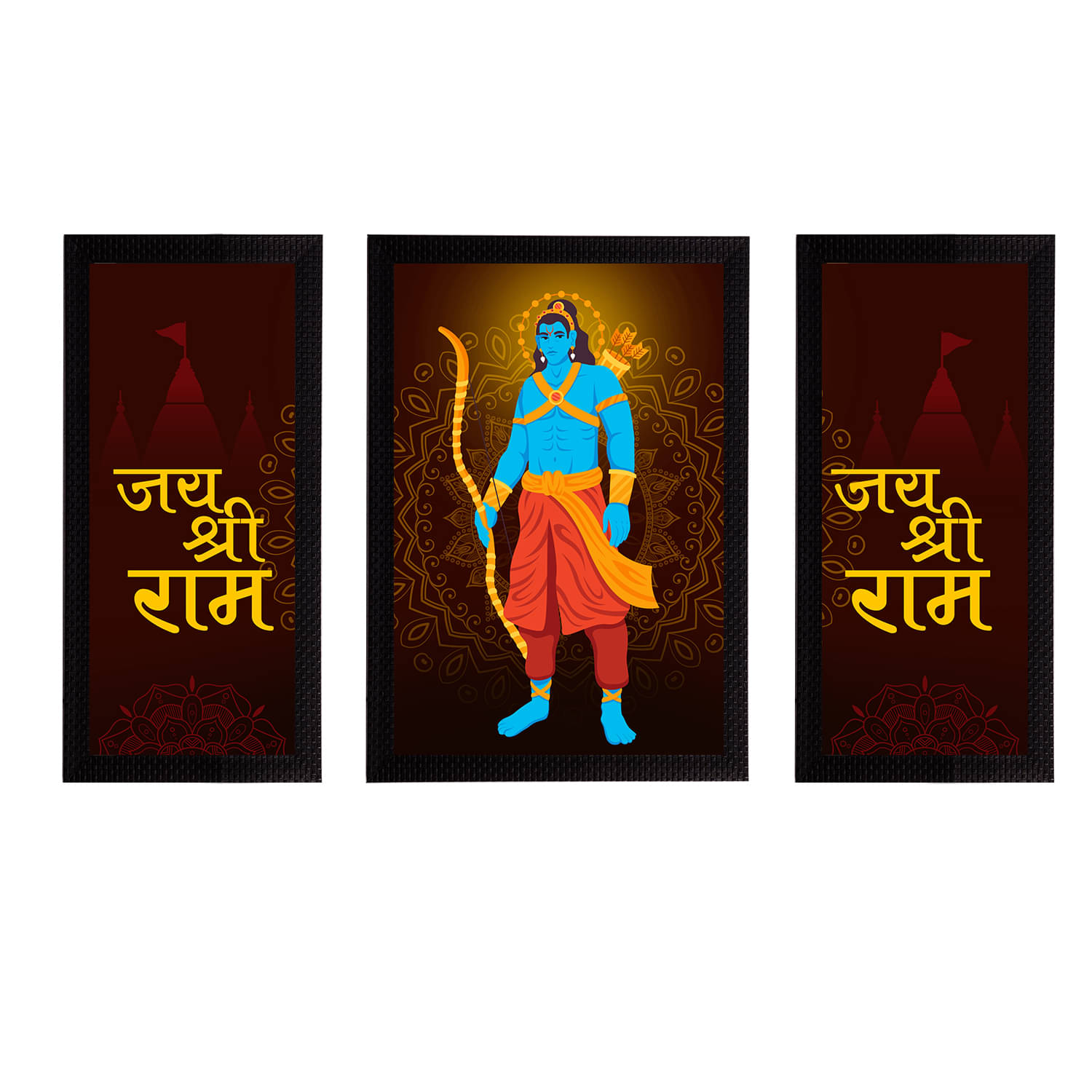     			eCraftIndia Set of 3 Burgundy & Yellow Lord Ram Satin Matt Textured UV Art Paintings