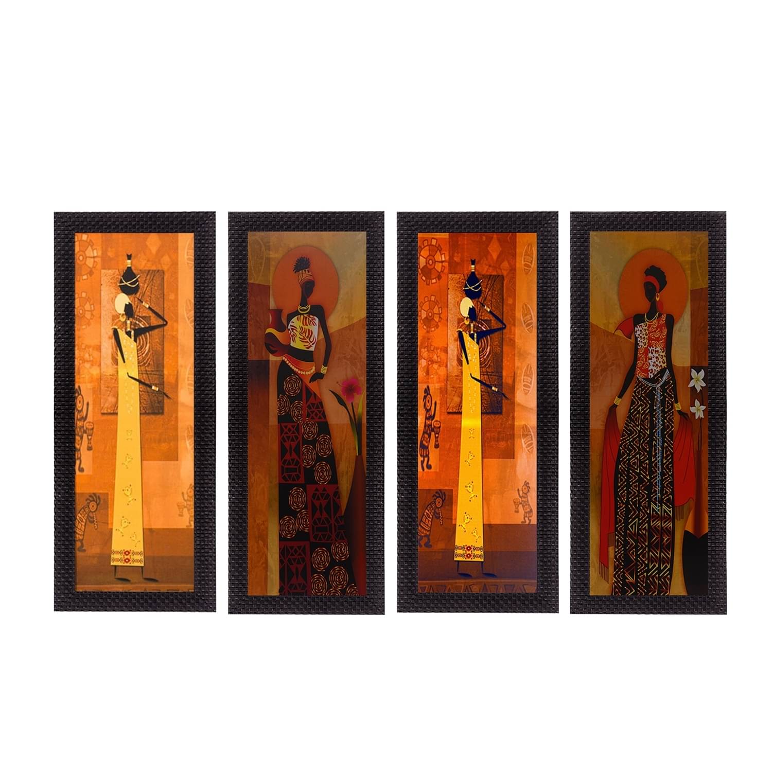 eCraftIndia Yellow & Brown 4-Pieces Tribal Women Printed UV Wall Art eCraftIndia Yellow & Brown 4-Pieces Tribal Women Printed UV Wall Art