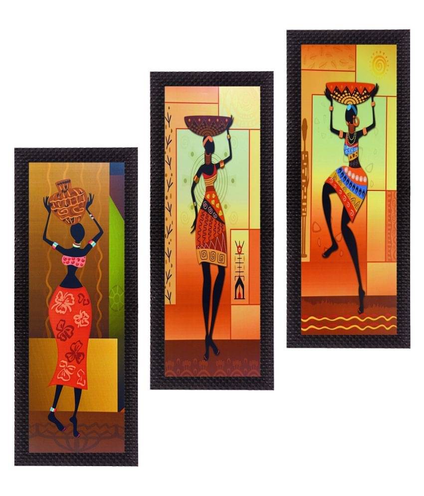     			eCraftIndia Set of 3 Orange & Brown Tribal Lady Satin Matt Texture UV Wall Art
