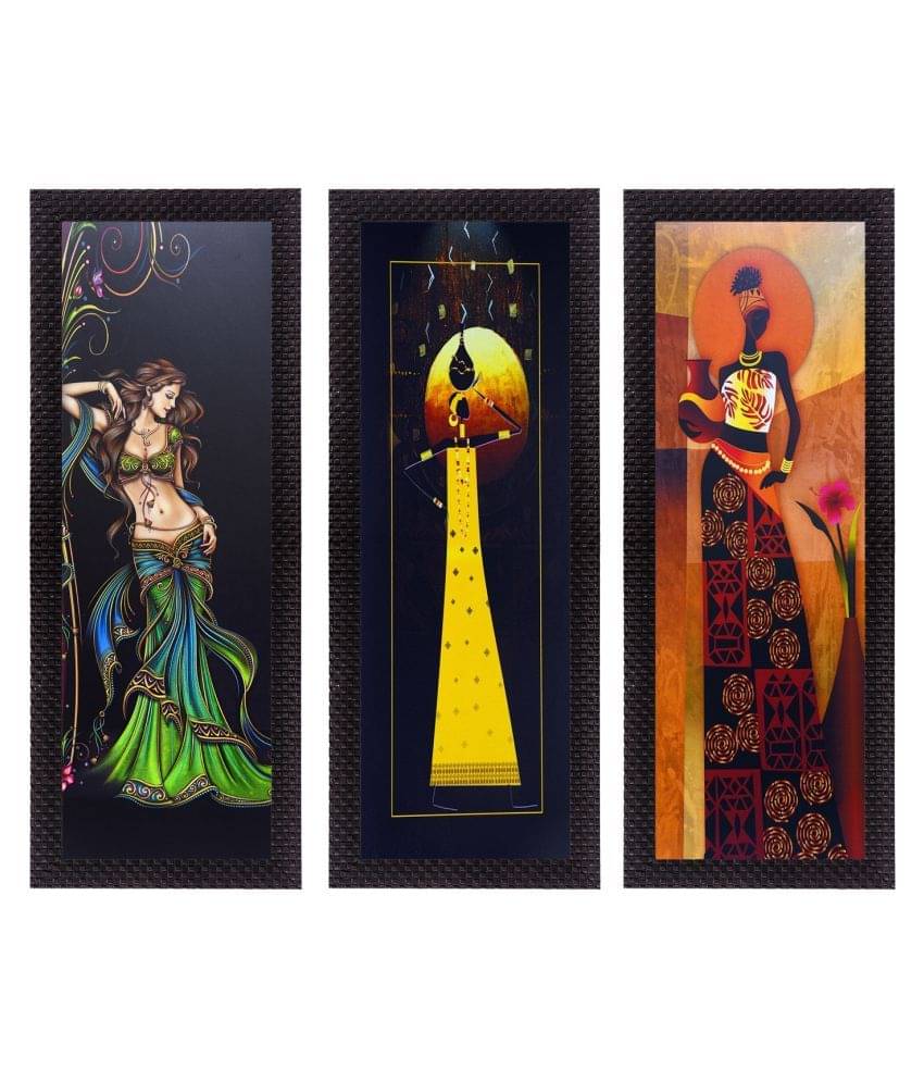     			eCraftIndia Set of 3 Black & Orange Tribal Lady Satin Matt Texture UV Wall Art
