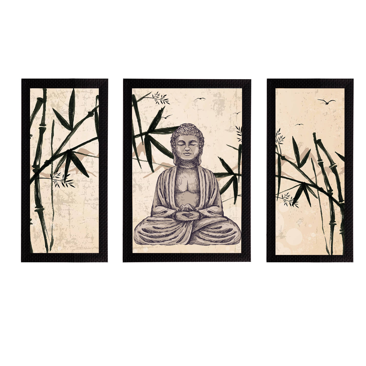     			eCraftIndia Set of 3 Beige & Grey Meditating Lord Buddha Satin Matt Textured UV Art Paintings