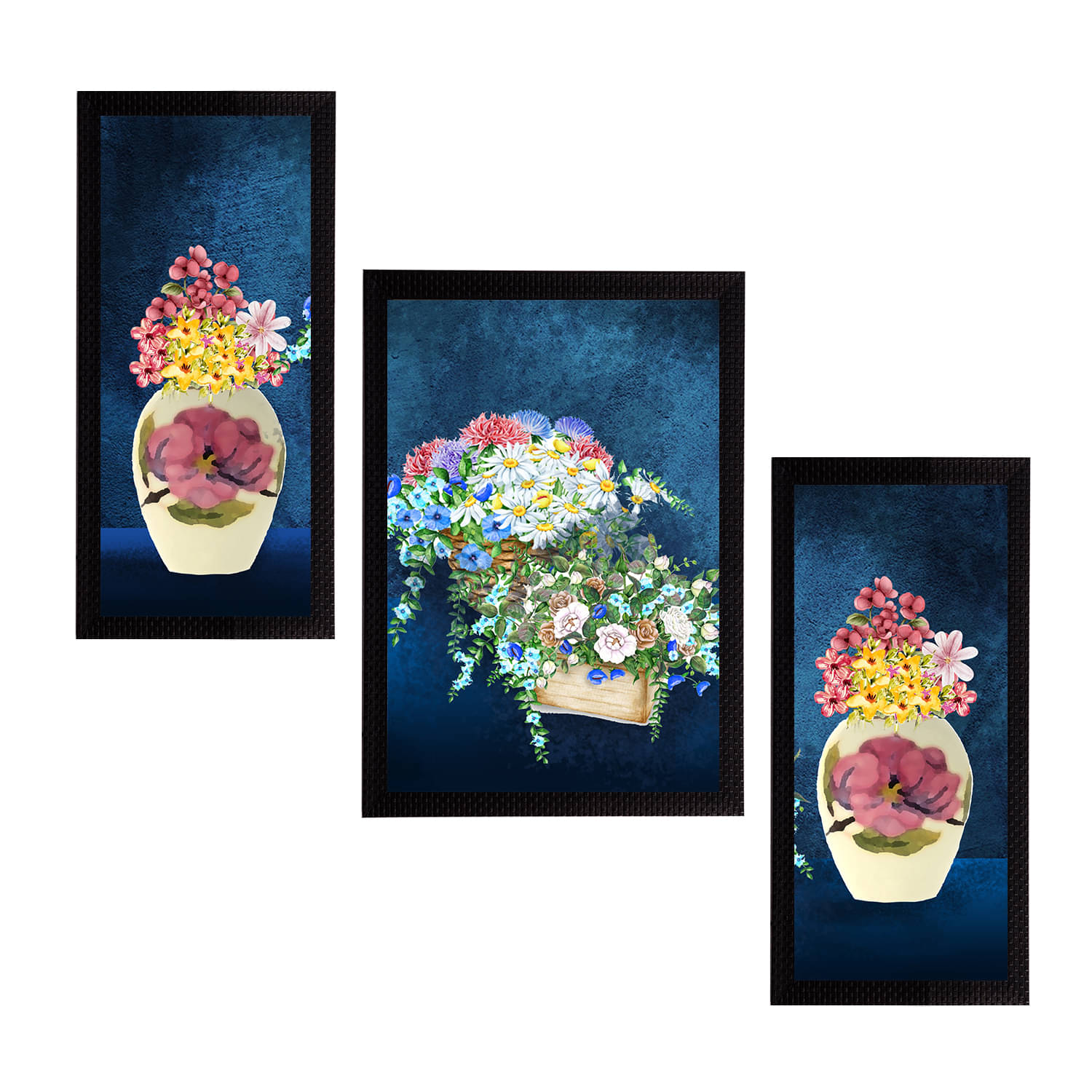     			eCraftIndia Set of 3 Blue & White Botanical and Floral Satin Matt Textured UV Art Painting