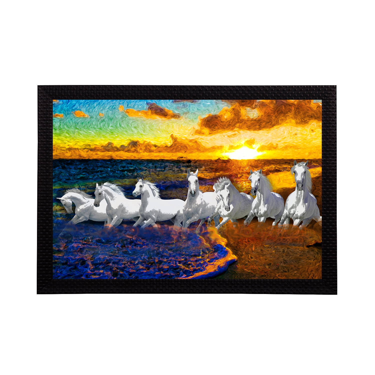 eCraftIndia White & Blue 7 Lucky Running Horses Satin Matt Textured UV Wall Art eCraftIndia White & Blue 7 Lucky Running Horses Satin Matt Textured UV Wall Art