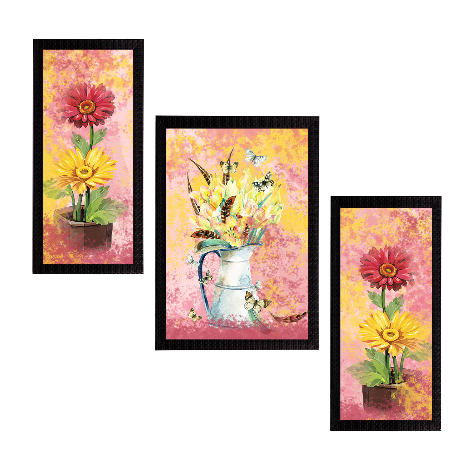     			eCraftIndia Set of 3 Pink & Yellow Botanical & Floral Satin Matt Textured UV Wall Paintings