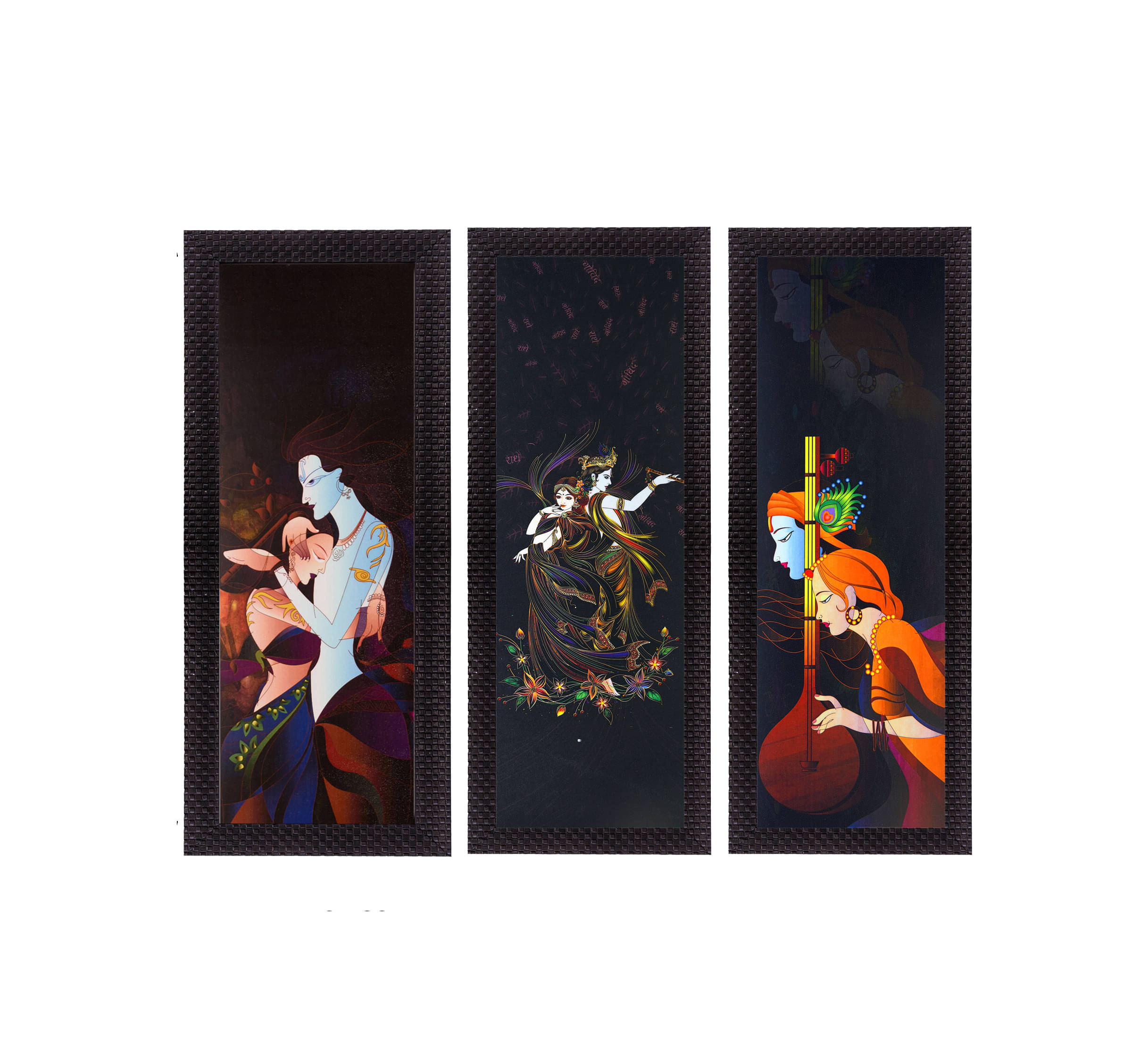     			eCraftIndia Set of 3 Black & Orange Radha Krishna Printed Satin Matt Texture UV Wall Art