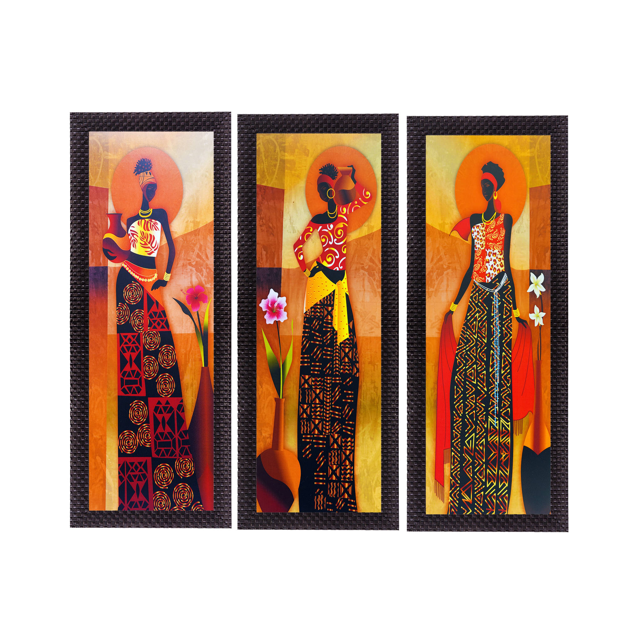     			eCraftIndia Set of 3 Orange & Red Tribal Village Ladies Satin Matt Texture UV Wall Art