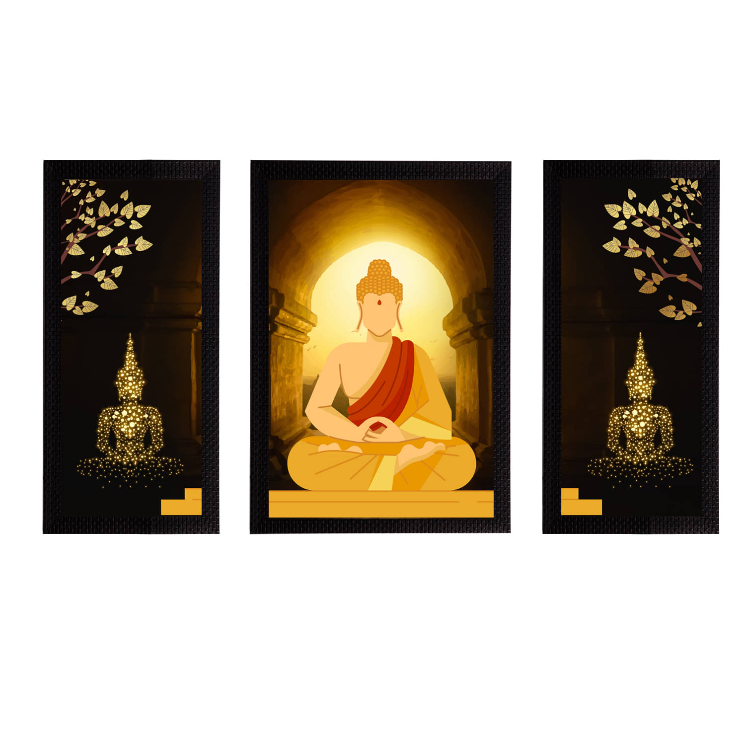     			eCraftIndia Set of 3 Black Meditating Lord Buddha Satin Matt Texture UV Wall Arts