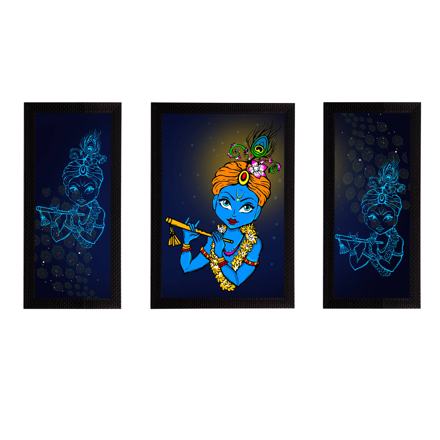     			eCraftIndia Set of 3 Navy Blue Lord Krishna Satin Matt Texture UV Wall Arts