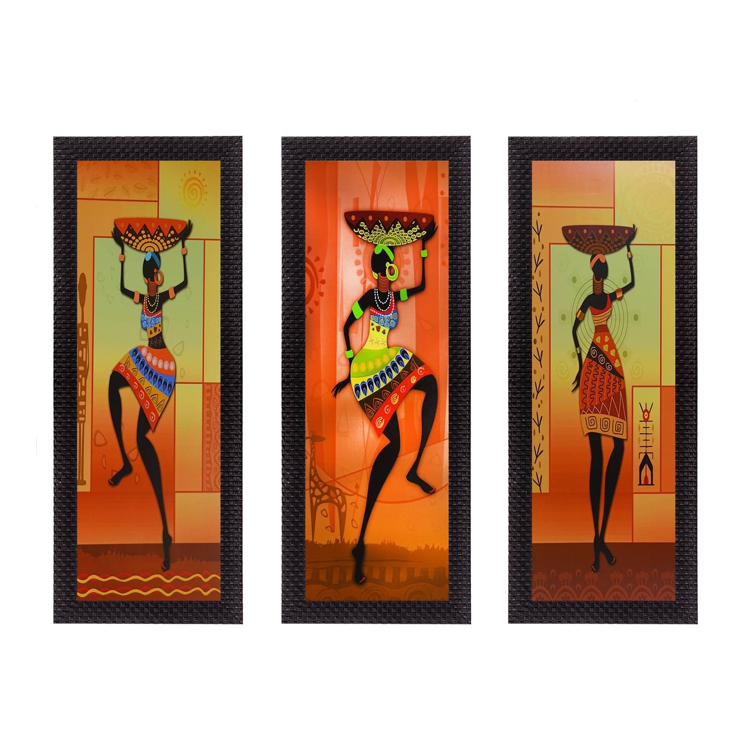     			eCraftIndia Set of 3 Orange & Green Tribal Ladies Satin Matt Texture UV Wall Art