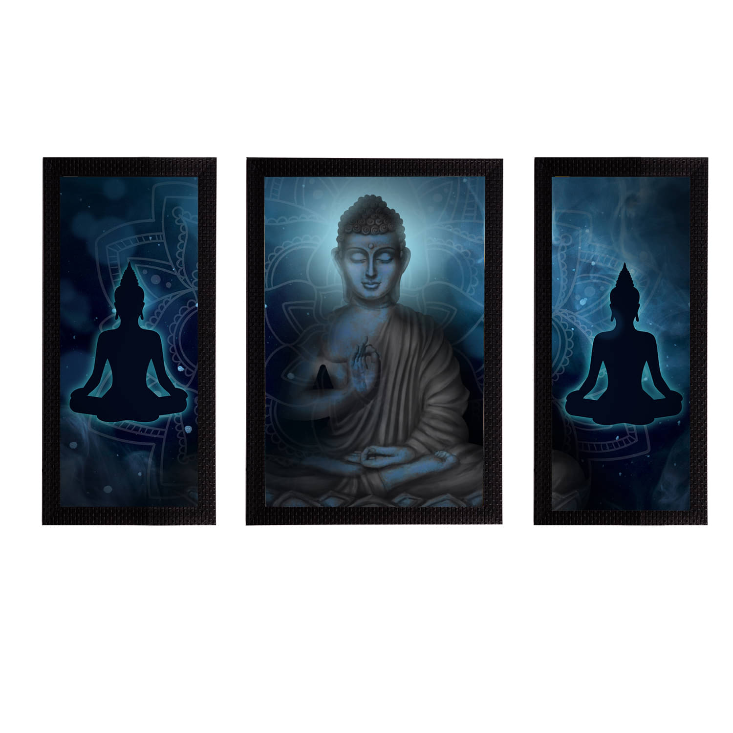 eCraftIndia Set of 3 Blue & Grey Meditating Lord Buddha Satin Matt Textured UV Wall Paintings     			eCraftIndia Set of 3 Blue & Grey Meditating Lord Buddha Satin Matt Textured UV Wall Paintings