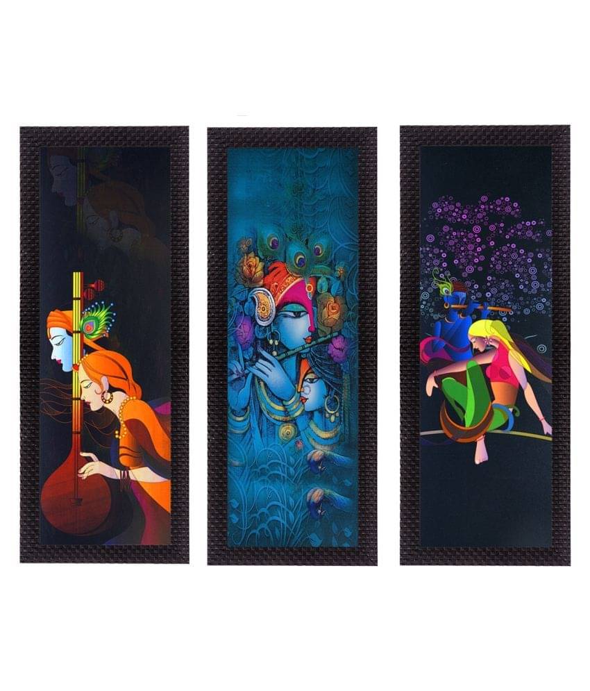     			eCraftIndia Set of 3 Black & Blue Radha Krishna Satin Matt Texture UV Wall Art