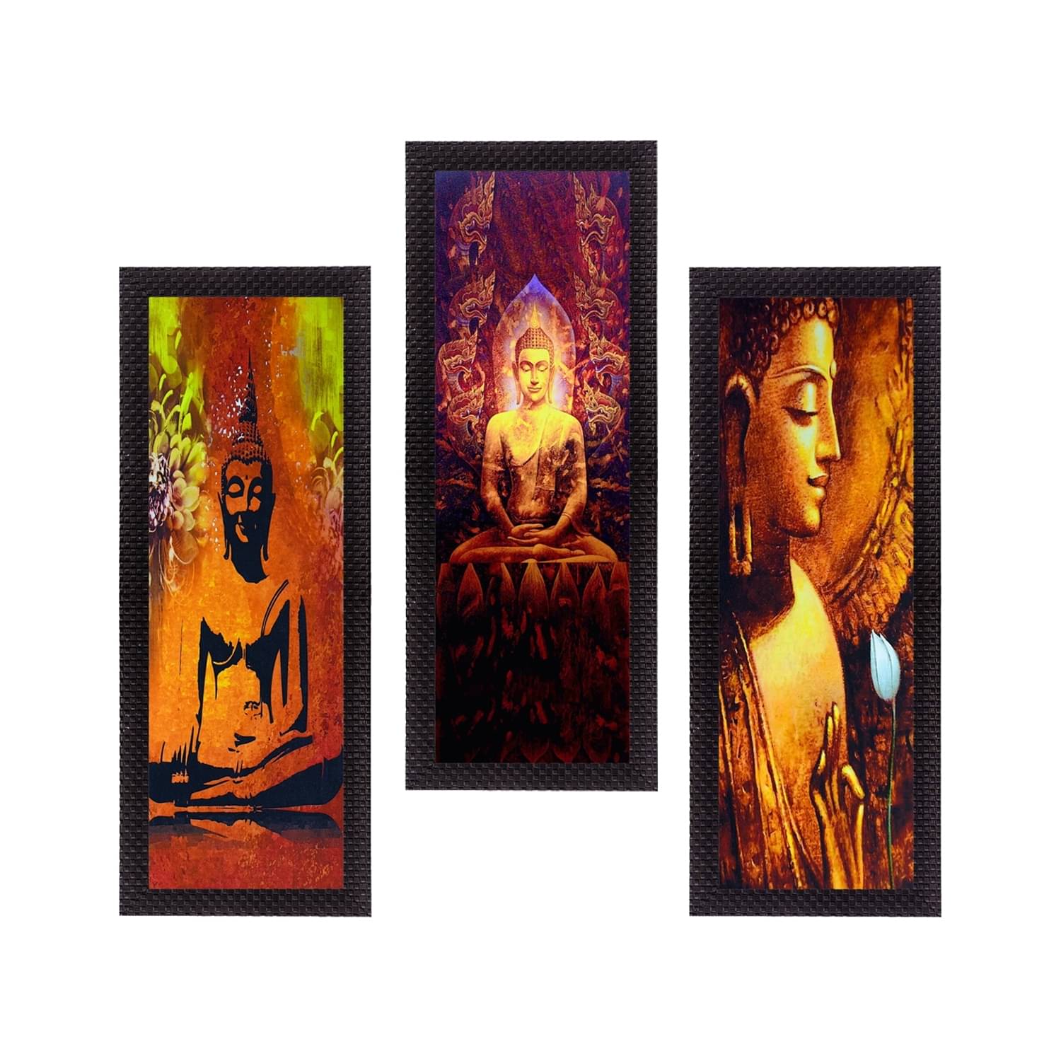     			eCraftIndia Set of 3 Brown & Red Lord Buddha Satin Matt Texture UV Wall Art