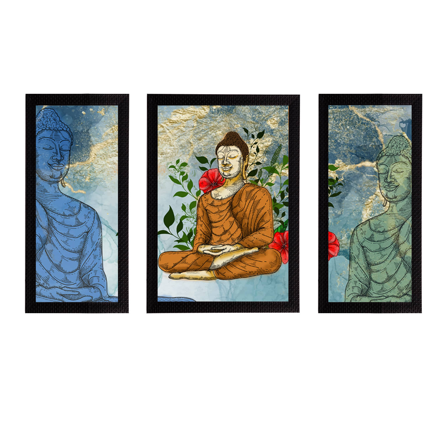 eCraftIndia Set of 3 Blue & Orange Meditating Lord Buddha Satin Matt Textured UV Wall Paintings eCraftIndia Set of 3 Blue & Orange Meditating Lord Buddha Satin Matt Textured UV Wall Paintings