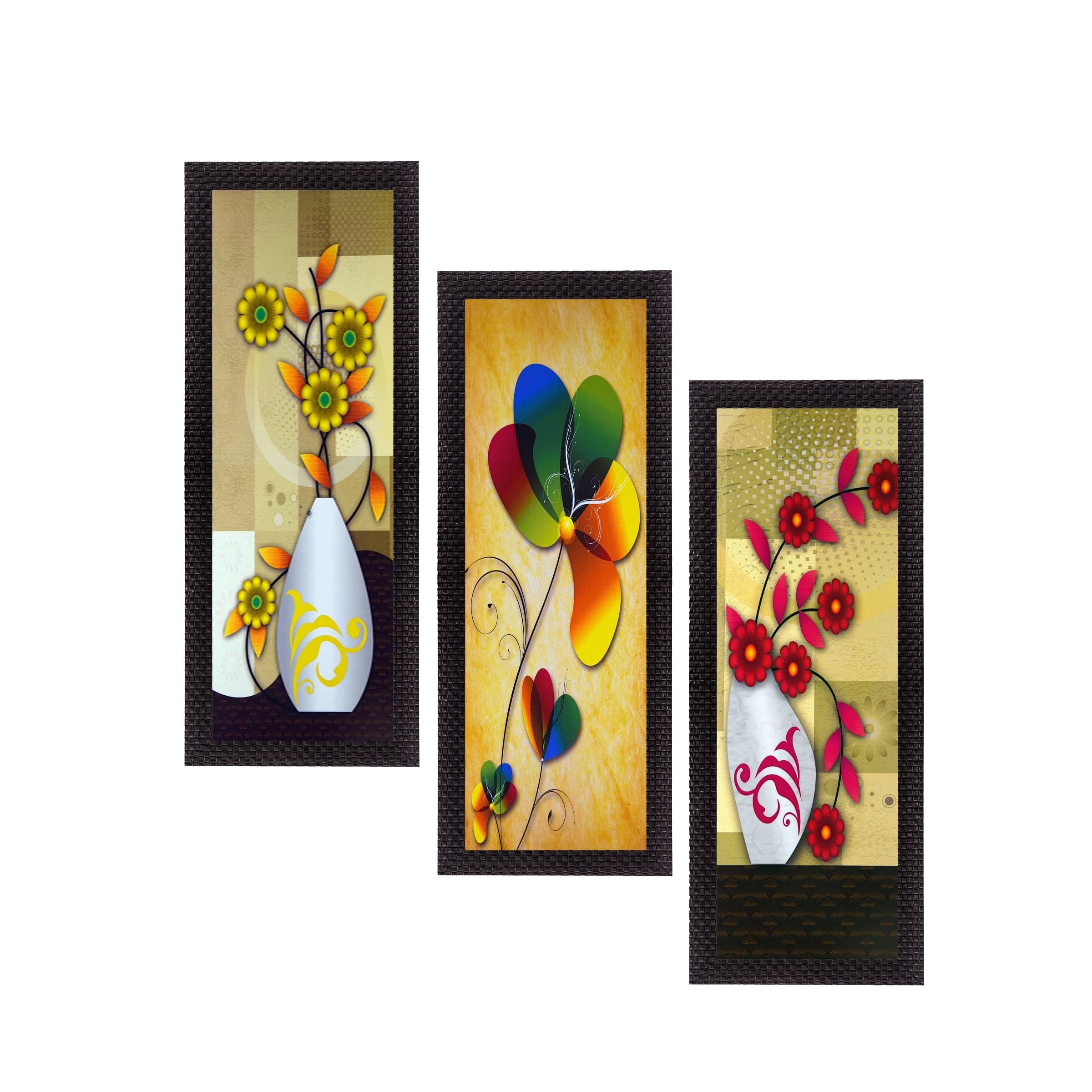     			eCraftIndia Set of 3 Beige & Pink Botanical Floral Pots Satin Matt Texture UV Wall Art