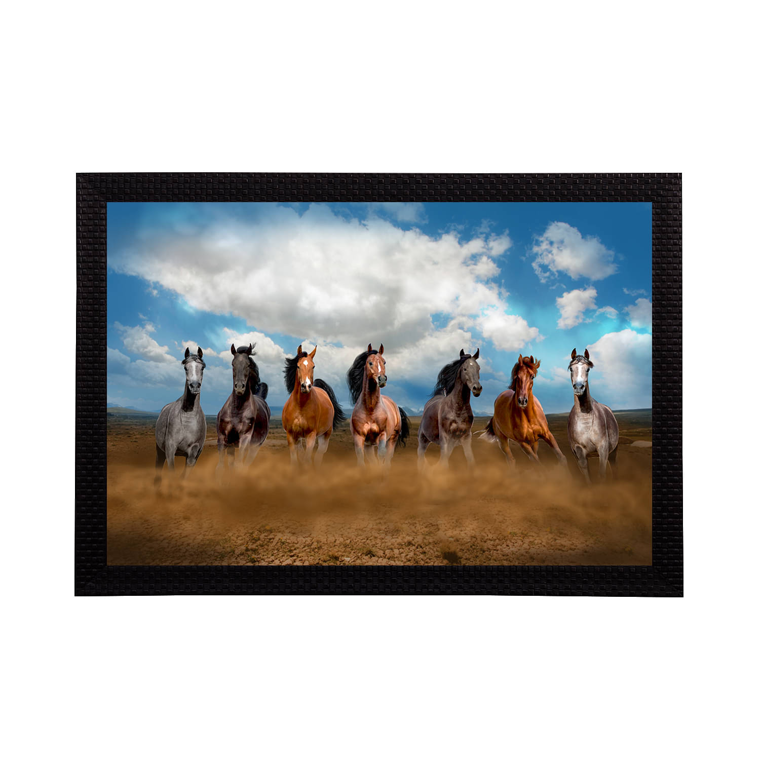     			eCraftIndia Blue & Brown 7 Lucky Running Horses Satin Matt Textured UV Wall Painting