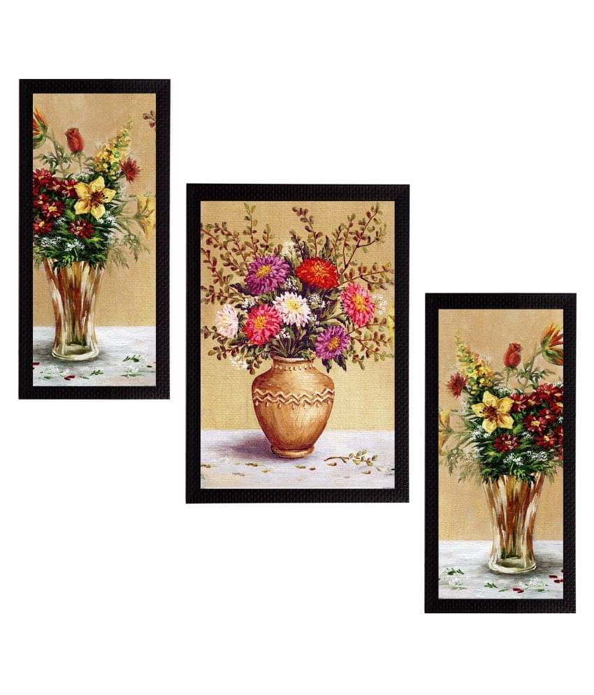     			eCraftIndia Set of 3 Brown & Maroon Botanical & Floral Satin Matt Textured UV Wall Paintings