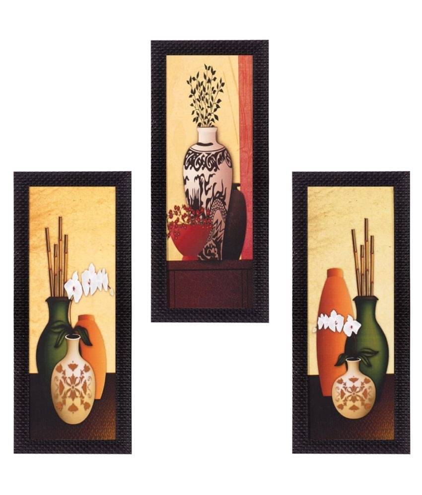    			eCraftIndia Set of 3 Beige & Brown Decorative Floral Botanical Pot Satin Matt Texture UV Wall Art
