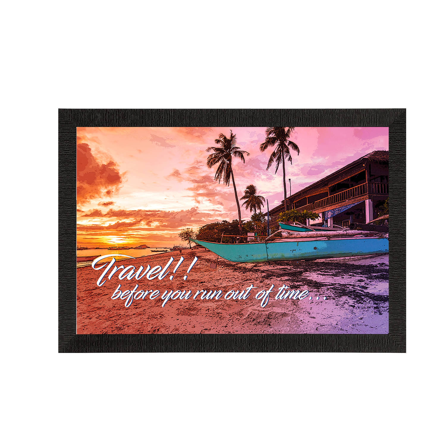eCraftIndia Orange & Brown "Travel before you run out of time" Beach Side View Satin Matt Texture UV Art Painting eCraftIndia Orange & Brown "Travel before you run out of time" Beach Side View Satin Matt Texture UV Art Painting