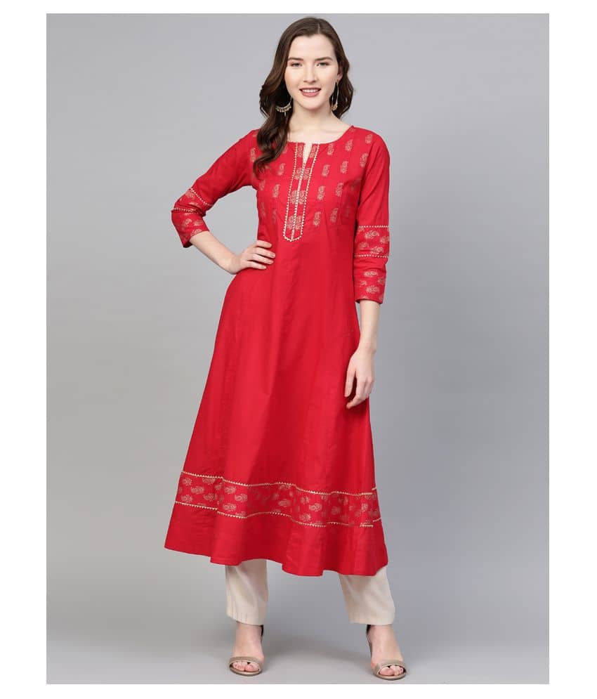 Yash Gallery Pack of 1 Cotton Printed Flared Women's Kurti - ( Red ) - Kurtis, Tunics | Buy online on ZillyBuy