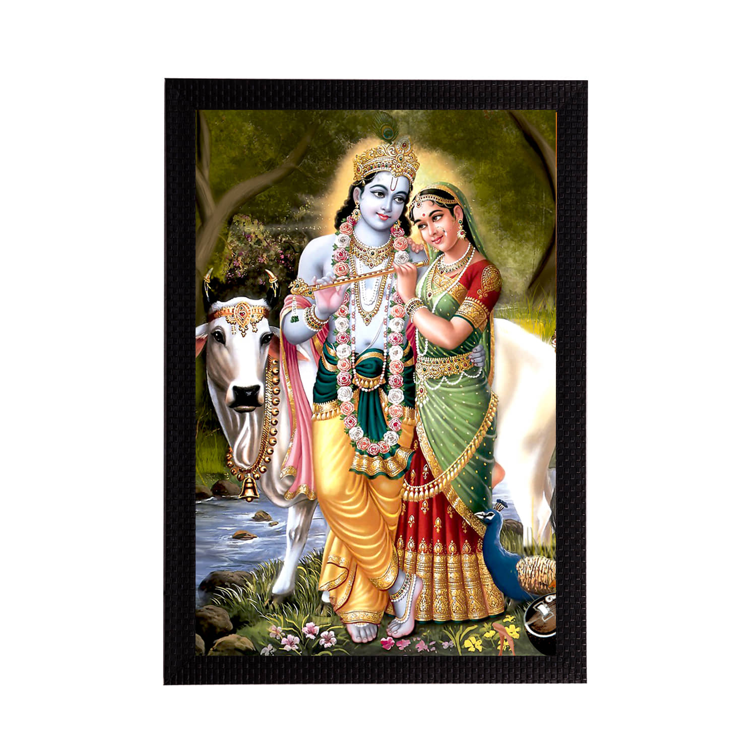 eCraftIndia Green & White Lord Krishna Satin Matt Texture UV Wall Art