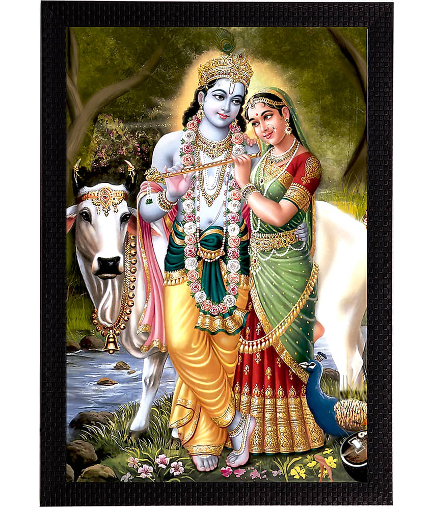 eCraftIndia Green & White Lord Krishna Satin Matt Texture UV Wall Art