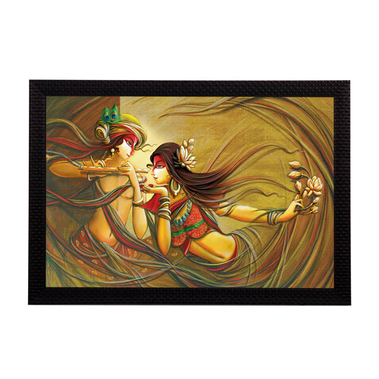    			eCraftIndia Unisex Yellow & Brown Radha Krishna Playing Flute Satin Matt Texture UV Wall Painting